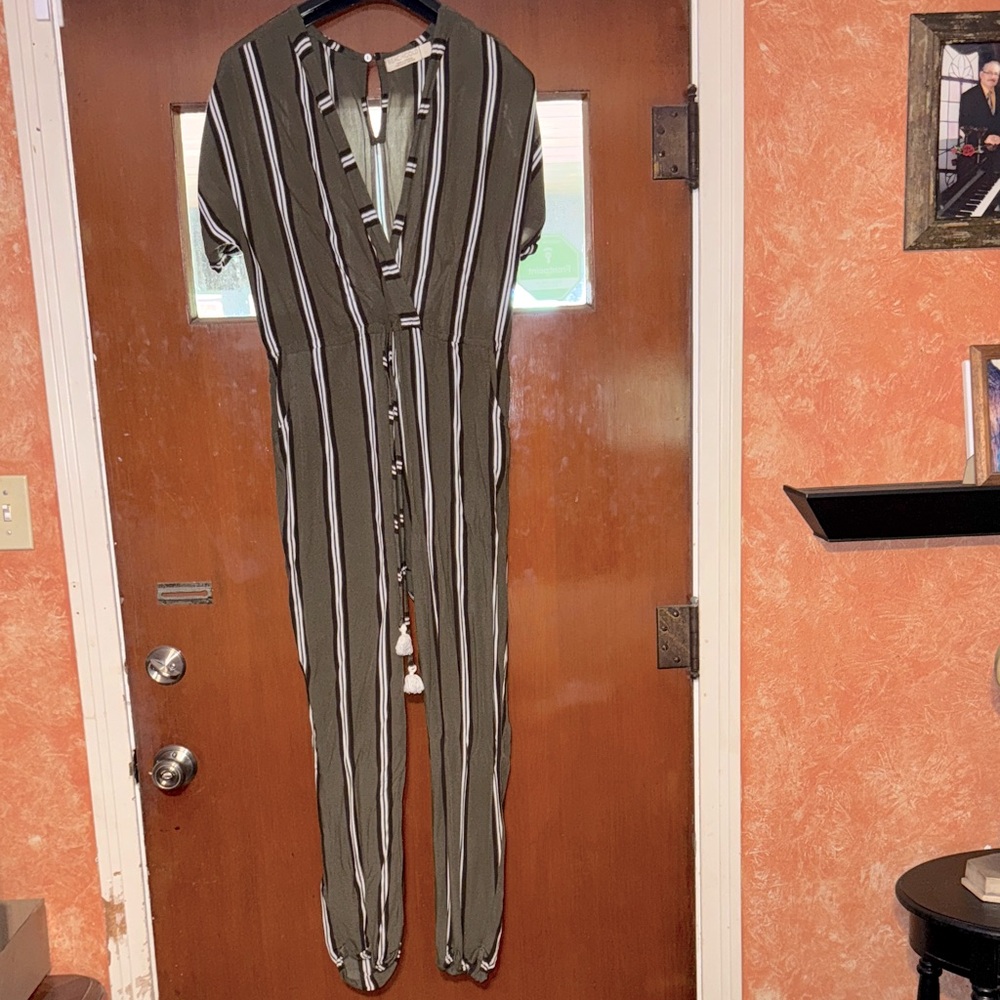 BEACHGOLD Olive and White Striped Jumpsuit